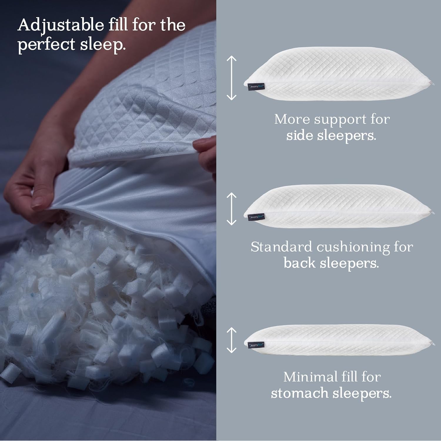 Dreamyblue Pernă premium pentru dormit - Umplutură din spumă de memorie mărunțită [loft reglabil] Husă lavabilă din bambus-won viscoză - Pentru laturi, spate și burtă glisante - Perne standard Naty Shop