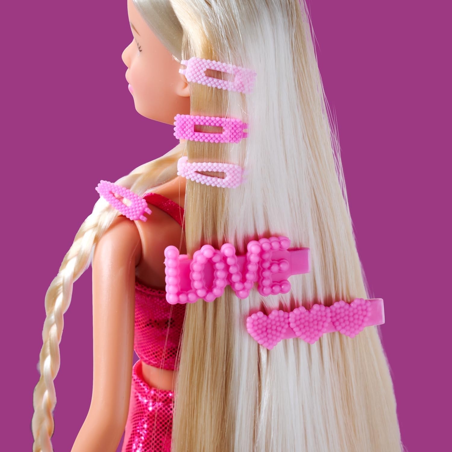 Simba Steffi Love Dream Hair – Ankleidepuppe mit extra Langen Haaren, inkl. Haarclips & Kamm, im pinken Glitzerkleid, 29 cm groß, Frisierpuppe für Kinder ab 3 Jahren