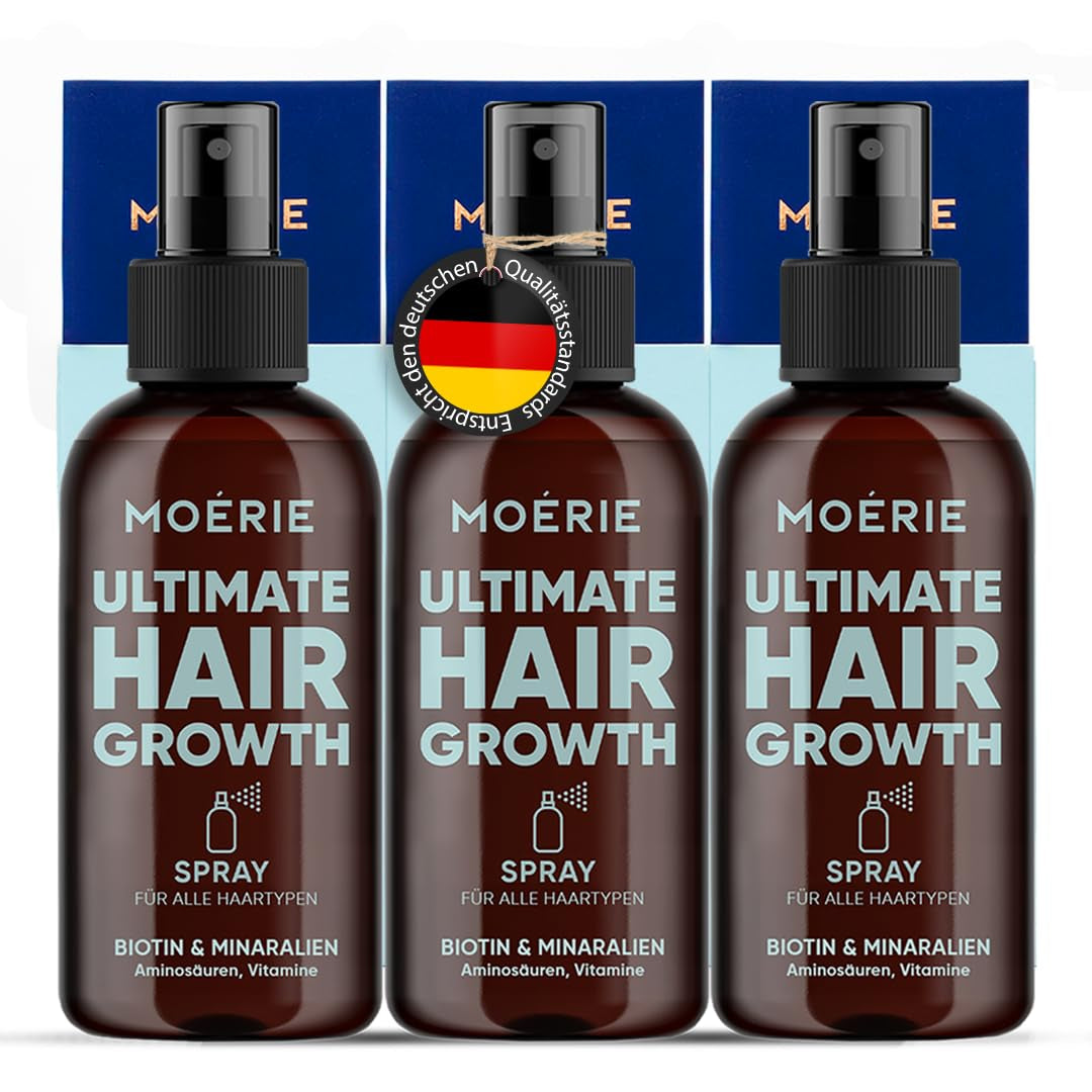 MOÉRIE Ultimate Mineral Hair Growth Spray pentru păr mai lung, mai gros și mai plin - cu biotină și cafeină - produse vegane pentru păr, fără parabeni, toate tipurile de păr, inversează căderea părului - aprovizionare pe 2 luni Ingrijirea parului Naty Shop Set de trei