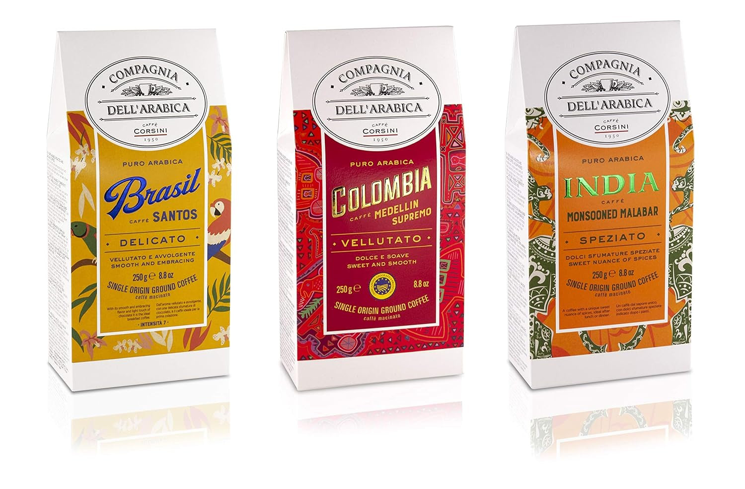 Caffè Corsini - Kaffeebohnen 3 x 250 Gramm, Compagnia Dell'Arabica, verschiedene Geschmacksrichtungen, Single Origin, insgesamt 750G Coffee Naty Shop Set Brasilien/Kolumbien/Indien Gemahlener Kaffee