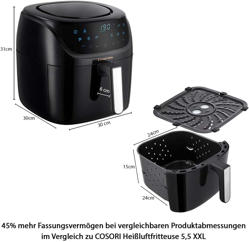 Russell Hobbs Heißluftfritteuse XXL 8L Rapid Airfryer [Kompaktes Gehäuse,7 Kochfunktionen,10 Programme] Satisfry (Spülmaschinenfest, Max 220°C, Fritteuse Ohne Öl, Grillen, Backen, Braten) 27170-56 Naty Shop