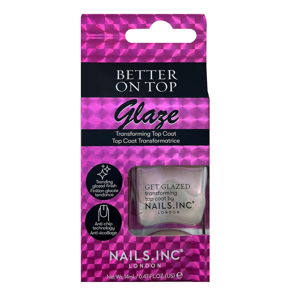 Nails Inc Better On Top, Get Glazed, Lucios, Strălucitor, Strat de unghii, Nu se desparte, De lungă durată, Uscare rapidă, Uscare la aer, Manichiură și pedichiură profesională, Unghii de la mâini și de la picioare, ojă vegană, 14 ml