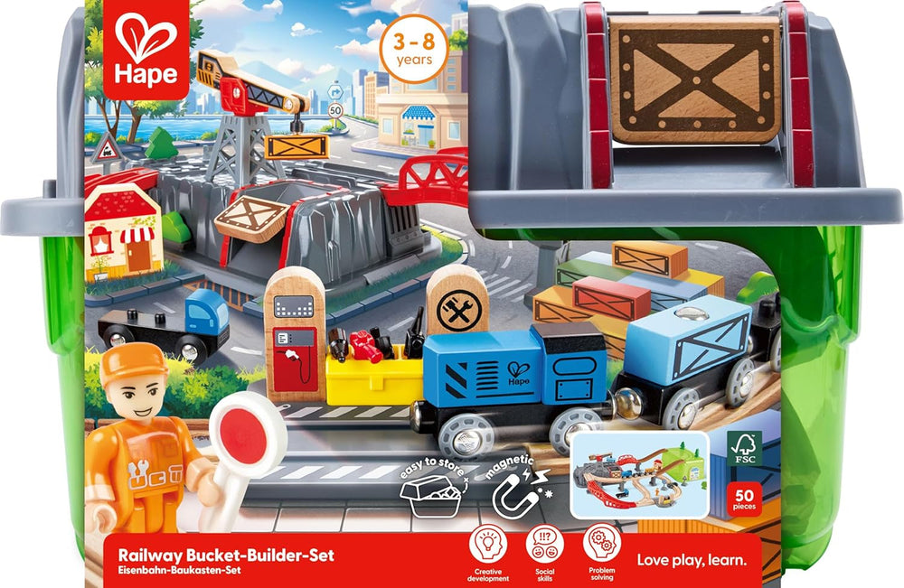 Hape Eisenbahn-Baukasten-Set - mit integrierter Lagerbox und Güterzug aus Holz, Bahn-Set mit Schienen, Brücken & Zubehör, Montessori-Spielzeug, Kreatives Bauen & Spielen, für Kinder ab 3 Jahren