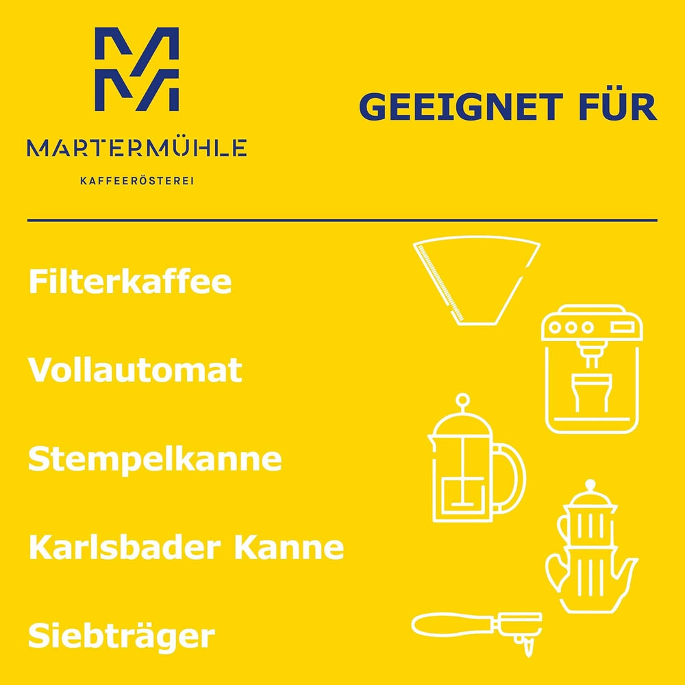Boabe de cafea Martermühle Guatemala 1kg puternice | Arabica | Arome: Alune, Condimente ușoare, Ciocolată cu struguri | Boabe de cafea întregi prăjite ușor, Aciditate scăzută