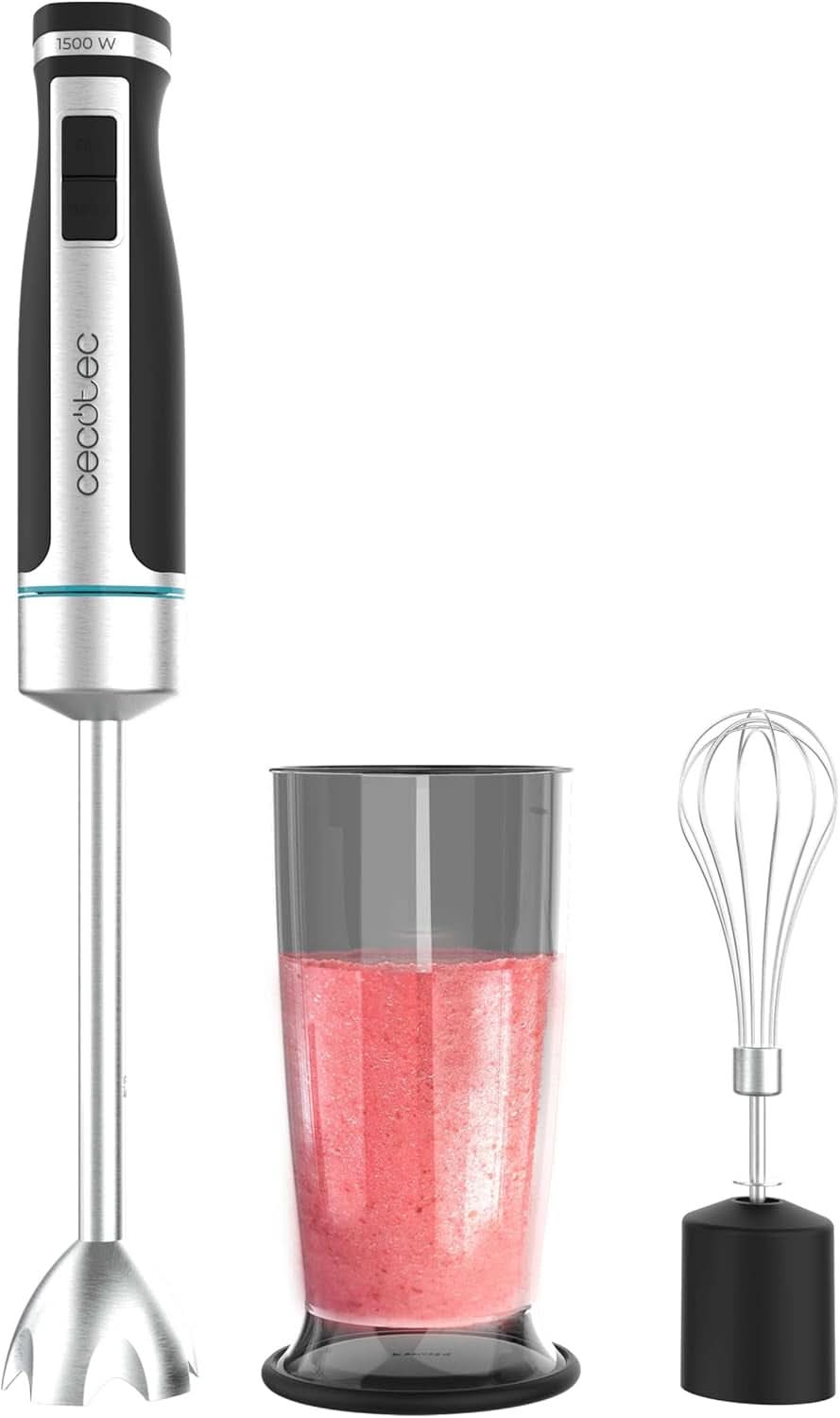 Cecotec Handmixer Powergear 1500 – Klingen aus Titanbeschichtung, 21 Geschwindigkeitsstufen, 1500 W, inklusive Glas mit Deckel. (Schwarz Und Edelstahl, XL) Kitchen Naty Shop 2 Zubehörteile