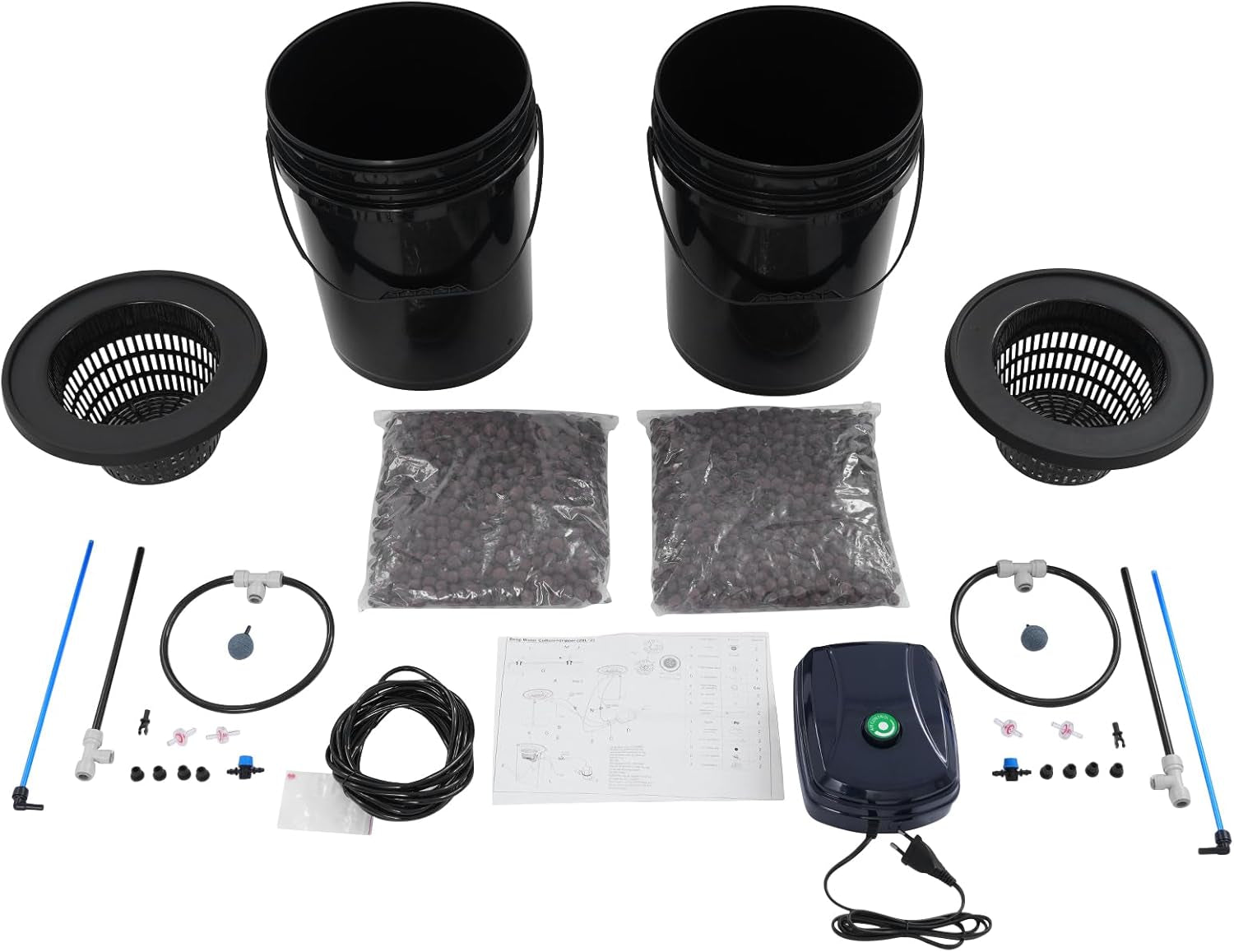 Set complet sistem hidroponic DWC cu pompă de aer de 12W, 2 găleți (5 galoane), sistem de creștere hidroponică, 2 saci de Ceramsite, kit de irigare pentru ghiveci