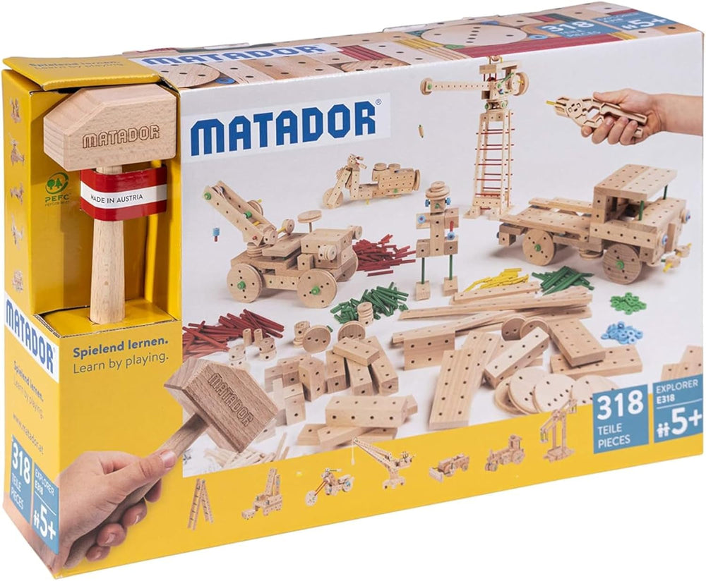 Matador Kinder Baukasten ab 5 Jahren 222-tlg. - Spannendes Holz Konstruktionsspielzeug zur Schulung von Kreativität und Feinmotorik, Bauspielzeug mit Stäbchen, Klötzen, Hammer & Zange