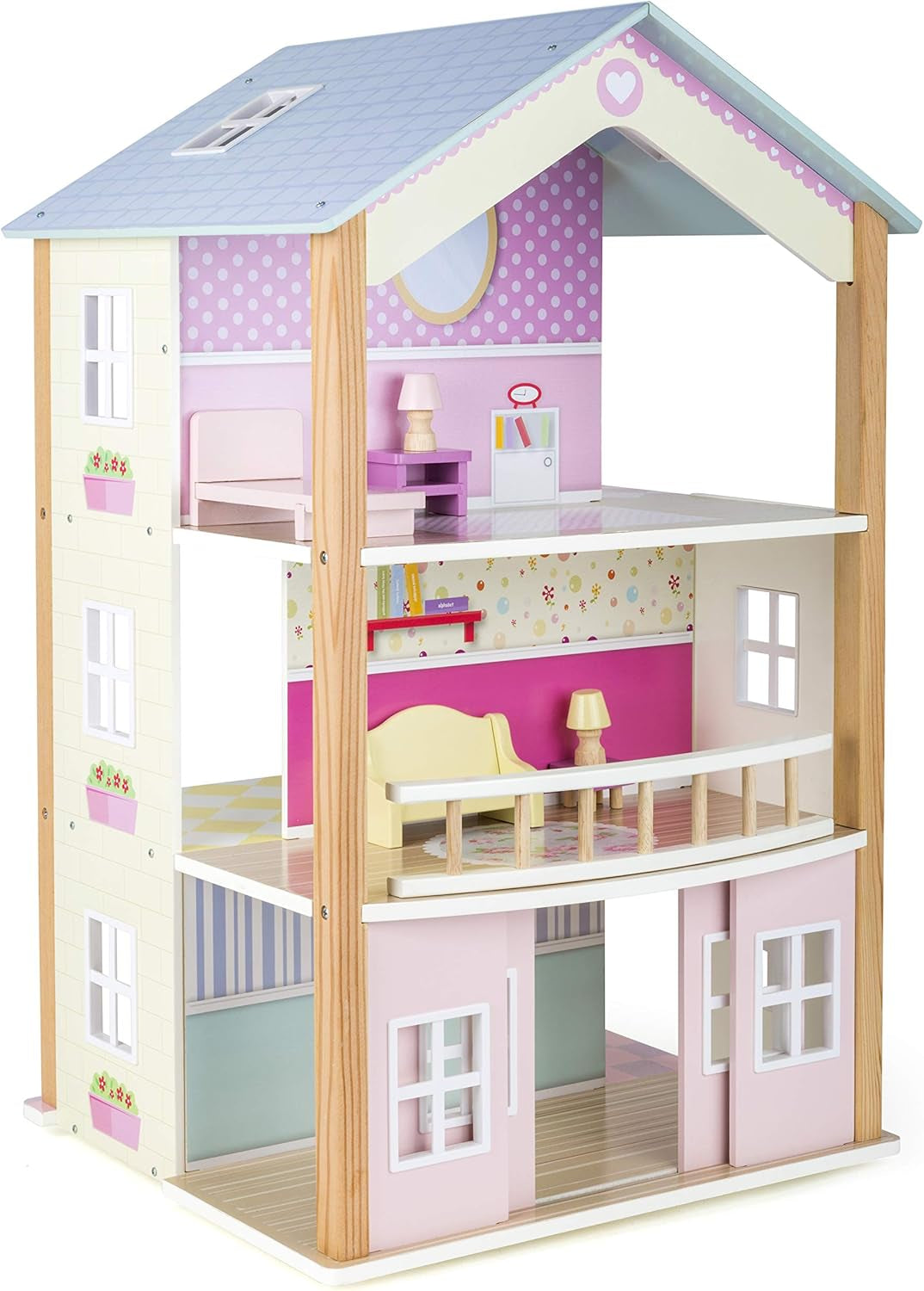 Small Foot 11192 Palat de păpuși din lemn rotativ, cu 3 etaje, inclusiv mobilier de jucărie, multicolor, 37 X 40 X 67 Cm Casute de papusi Naty Shop