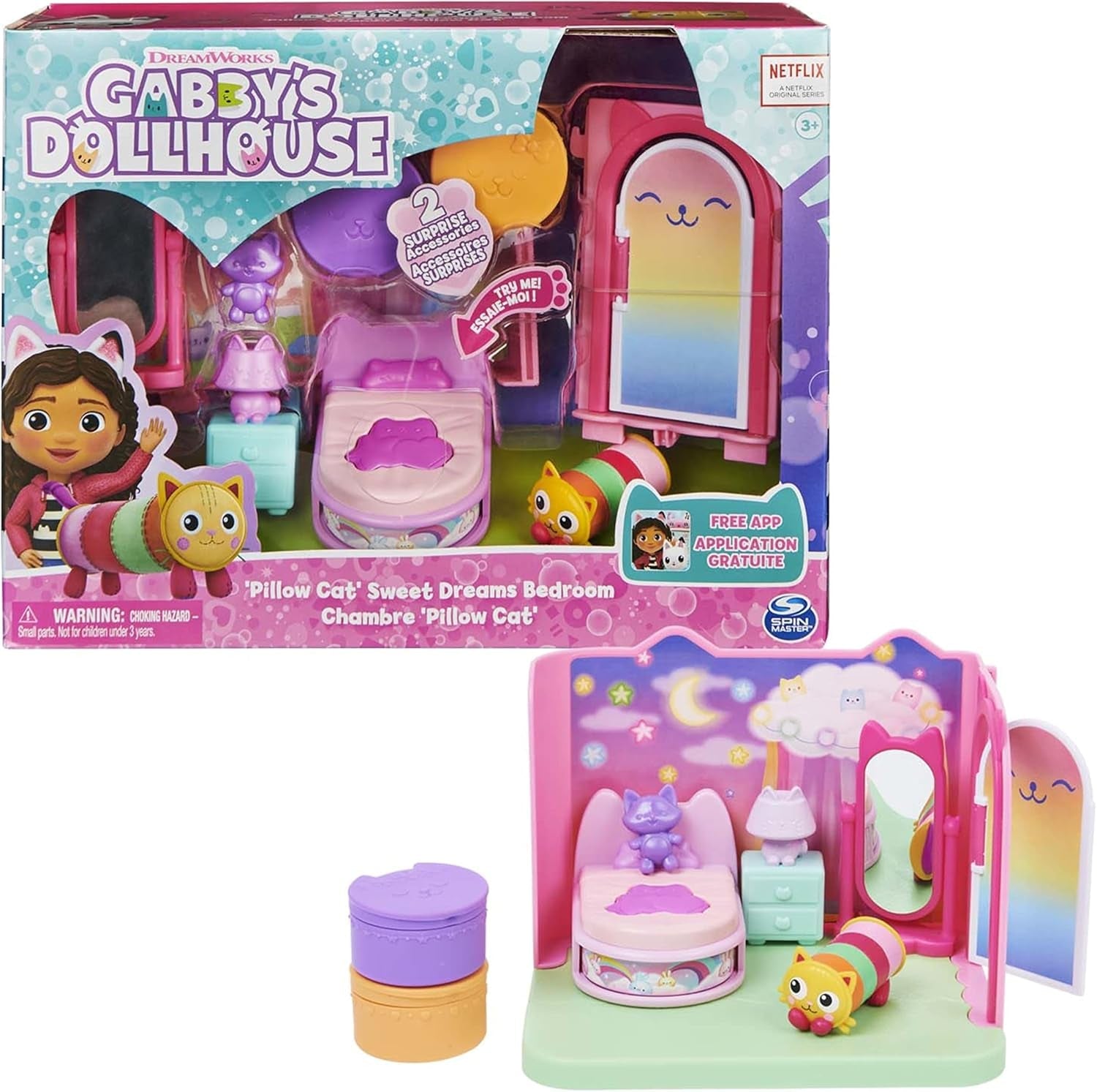 Casa de păpuși Gabby și camera Deluxe a casei de păpuși Gabby, Vise dulci, dormitor cu pisică pufoasă Pisica-pernă și 3 accesorii, 3 piese de mobilier și 2 cutii surpriză, potrivită pentru copii cu vârsta de 3 ani și peste