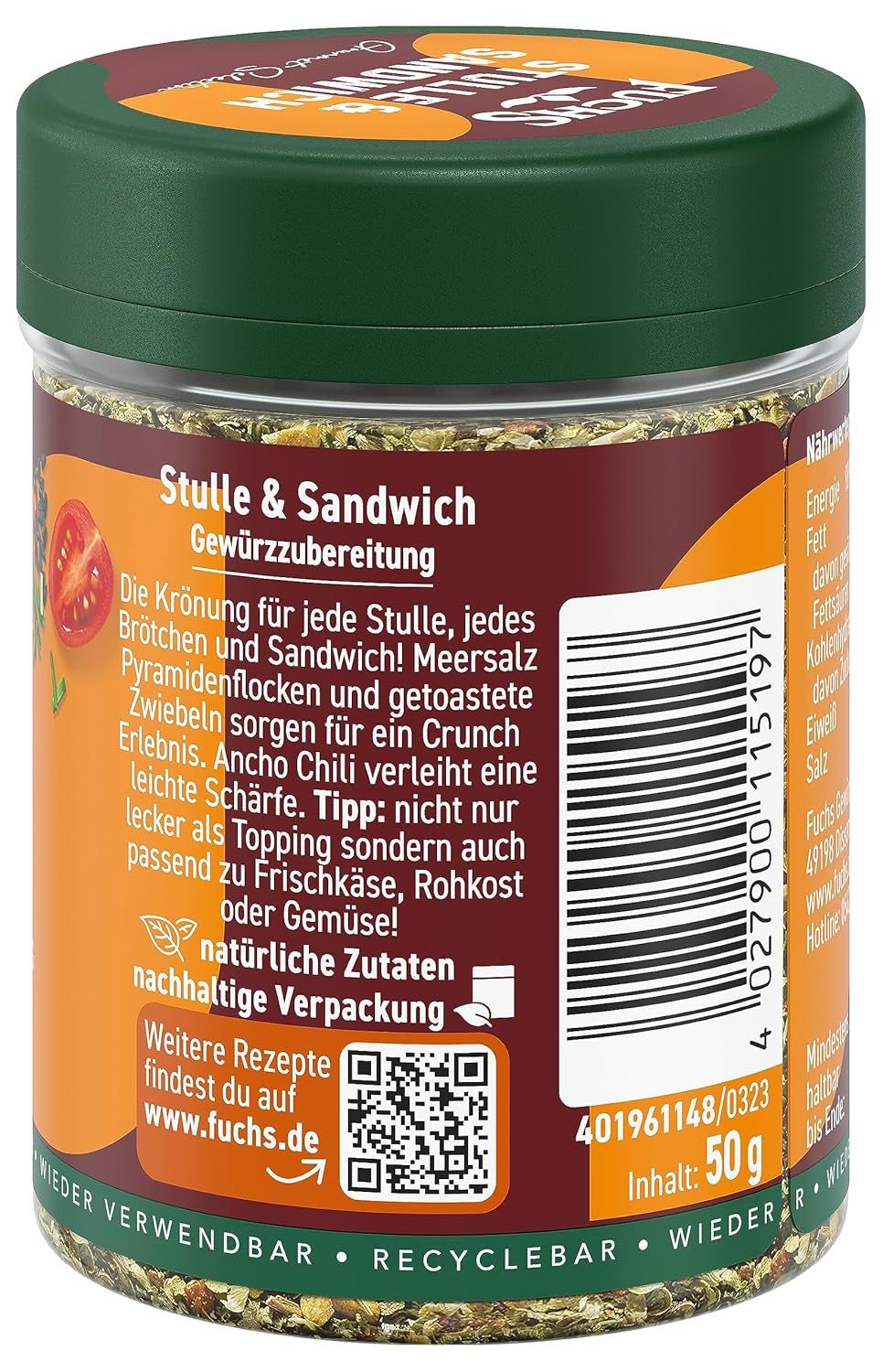 Fuchs Gewürze - Stulle & Sandwich Gewürz - crunchy Butterbrot Topping mit Pyramidenflocken und getoasteten Zwiebeln - aus natürlichen Zutaten - 50 g in wiederverwendbarer, recyclebarer Dose