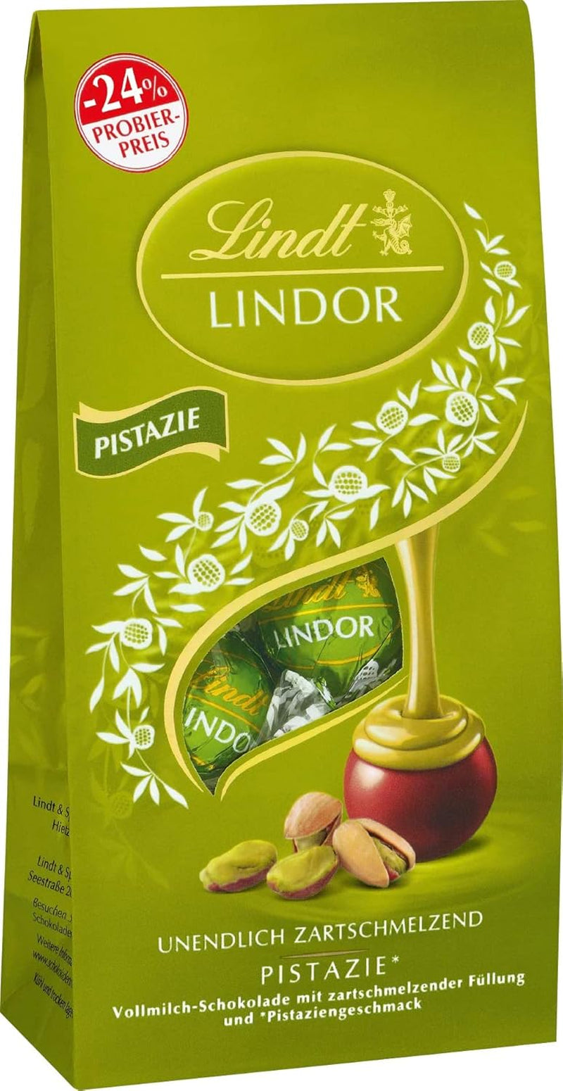 Lindt Chocolate LINDOR Doppelte Schokoladenkugeln, Aktion | Beutel mit 137 g Naty Shop Pistazien-Schokoladenbonbons