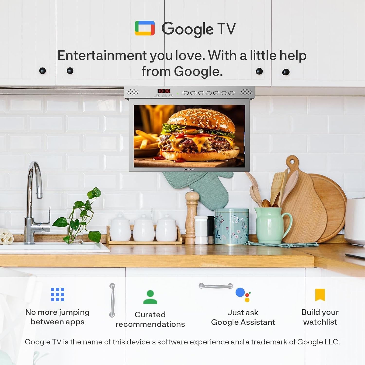 SYLVOX Televizor de bucătărie de 15,6 inci, televizor pliabil pentru bucătărie cu pivotare, suport Google TV WiFi Bluetooth, Smart TV 1080P pentru bucătărie, dormitor, autorulotă, iaht (argintiu)