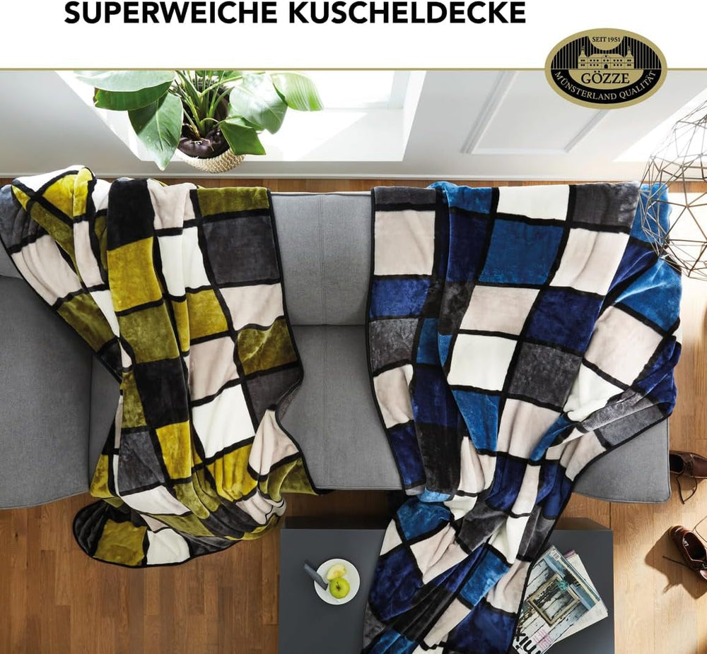 Gözze - Weiche und bequeme Decke, Kaschmirgefühl, schweres Stoffgewicht 500 g/m², Antigua, 150 x 200 cm - Senf/Schwarz/Weiß Betten und Decken Besuchen Sie den Gözze-Store