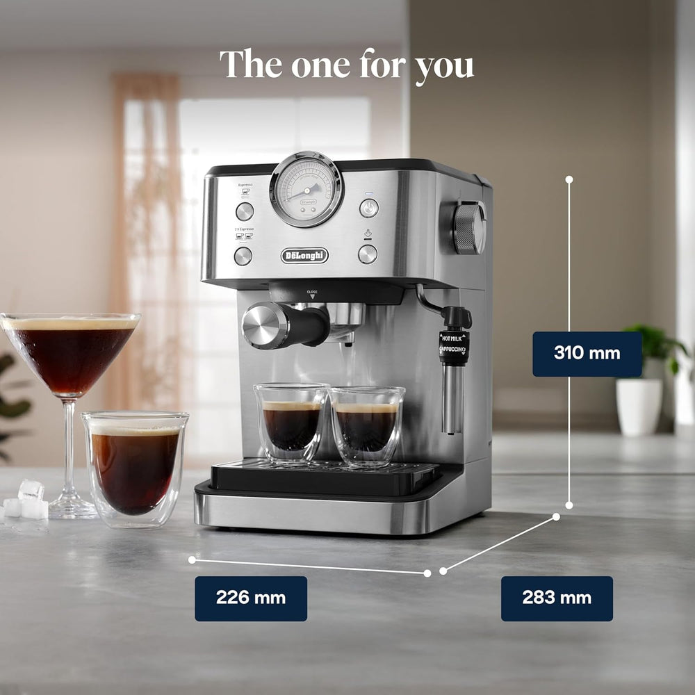 Espressor portafiltru De'Longhi Classic EM450.M cu spumator de lapte profesional, carcasă complet metalică, 15 bari, rezervor de apă de 1,7 l, oțel inoxidabil/metal