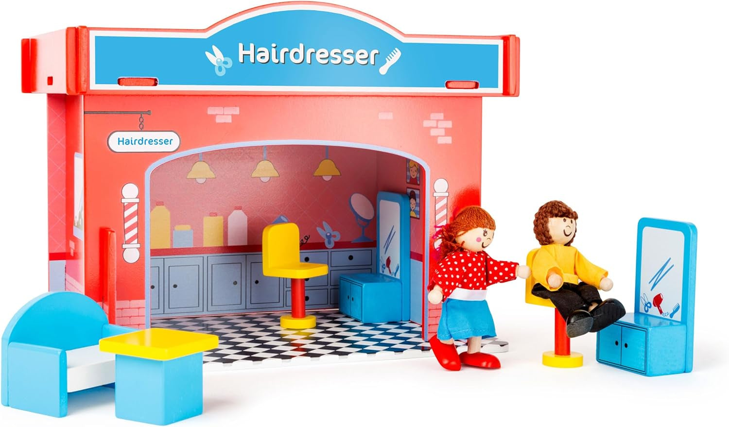 Small Foot 10852 Spielhaus Restaurant aus Holz, mit 2 Puppenfiguren, Zubehör und abnehmbarem Dach, ab 3 Jahren Puppenhäuser Naty Shop Friseursalon