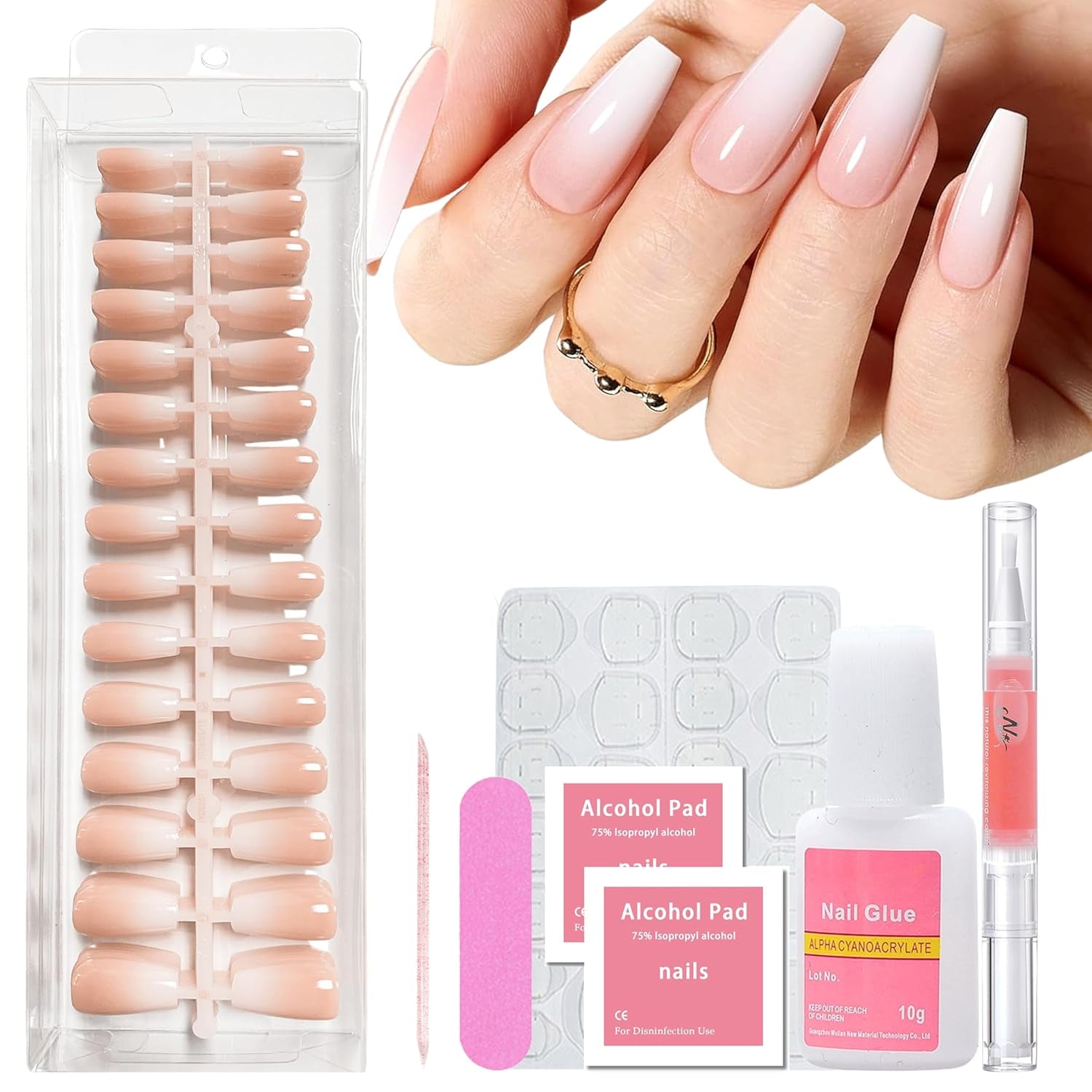 Set 240 de bucăți de unghii pătrate cu gradient, unghii artificiale alb nud cu gradient pentru lipire cu stilou cu ulei, unghii false naturale medii ombre pentru femei DIY (Nude Square)