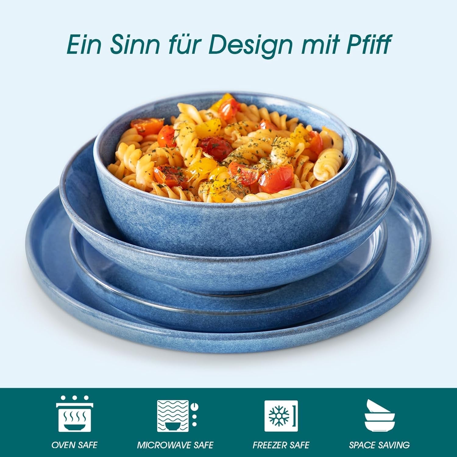 Steingut Geschirrset 6 Personen, vancasso ANYA Blau Teller Set Modern 24 teilig,Tafelservice mit Speiseteller, Suppenteller, Desserttellern, Schüsseln, Geschirr Set Spülmaschinen und Mikrowellenfest