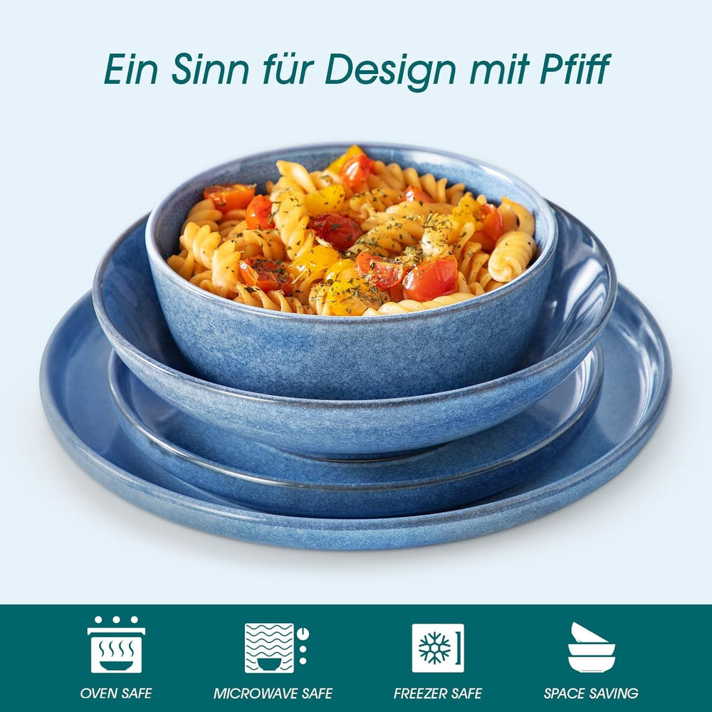 Steingut Geschirrset 6 Personen, vancasso ANYA Blau Teller Set Modern 24 teilig,Tafelservice mit Speiseteller, Suppenteller, Desserttellern, Schüsseln, Geschirr Set Spülmaschinen und Mikrowellenfest