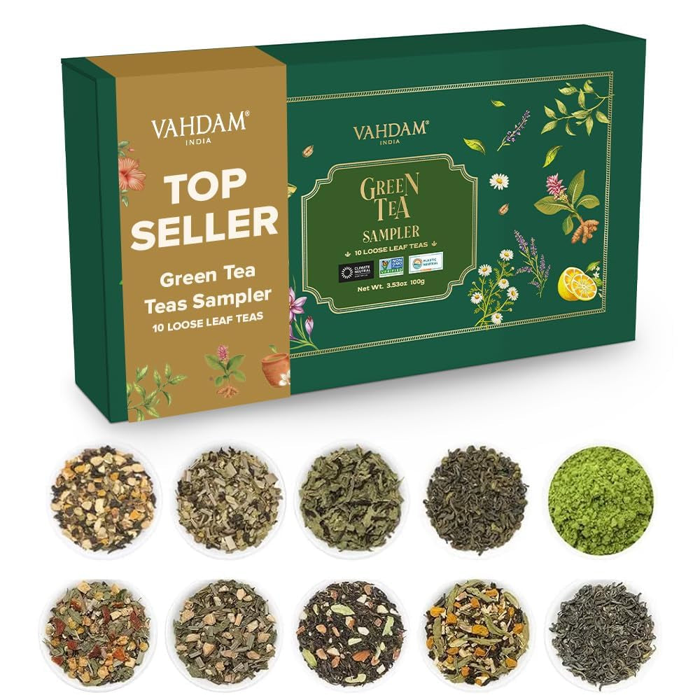 VAHDAM, set cadou cu sortimente de ceai - set de 10 ceaiuri | Ingrediente 100% naturale | Set cadou cu ceai vrac | Ceai negru, ceai verde, ceai Oolong, ceai Chai, ceai alb | Ceai vrac | Set cadou cu set de ceaiuri de probă