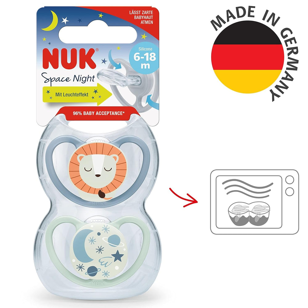 Suzete NUK Space Night | 6-18 luni | Suzete cu fante de ventilație extra-mari, strălucesc în întuneric | Silicon fără BPA | Vulpe și Buburuză | Pachet de 2