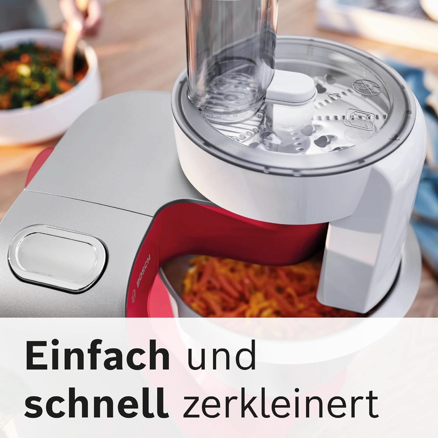 Bosch Küchenmaschine Serie 4 Mum58720, Edelstahl-Schüssel 3,9 L, Mixer 1,25 L, Planetenrührwerk, Knethaken, Schlag, Rührbesen, Durchlaufschnitzler, 3 Scheiben, 1000 W, Dunkelrot/Silber Mutter und Kind Naty Shop