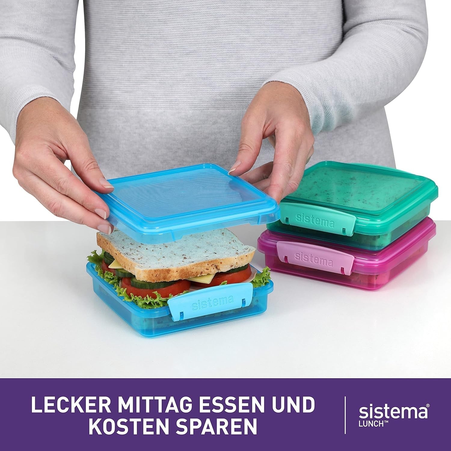 Sistema lunch box sandwich box | 450 ml | cutie de prânz stivuibilă și etanșă cu capac | pentru copii și adulți | fără BPA | culori mixte | 3 bucăți Cutii depozitare alimente Naty Shop