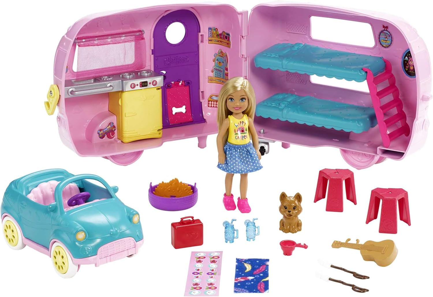 Barbie Chelsea 2-in-1-Camper - Spielzeugfahrzeug mit Pool, Hängematte und Essbereich, für fantasievolles Spielen und Geschichtenerzählen, ab 3 Jahren, HNH90
