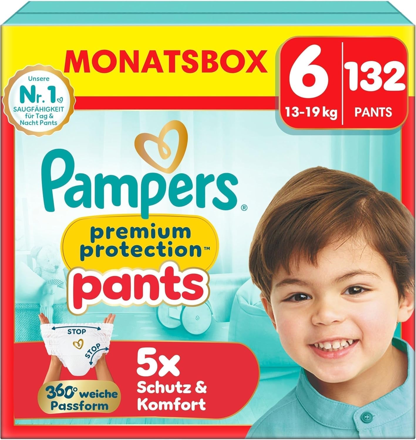 Scutece Pampers Premium Protection Pants mărimea 7, 123 scutece, 15 kg+, cu ajustare la 360° și manșete moi anti-scurgere pentru confort și protecție optime