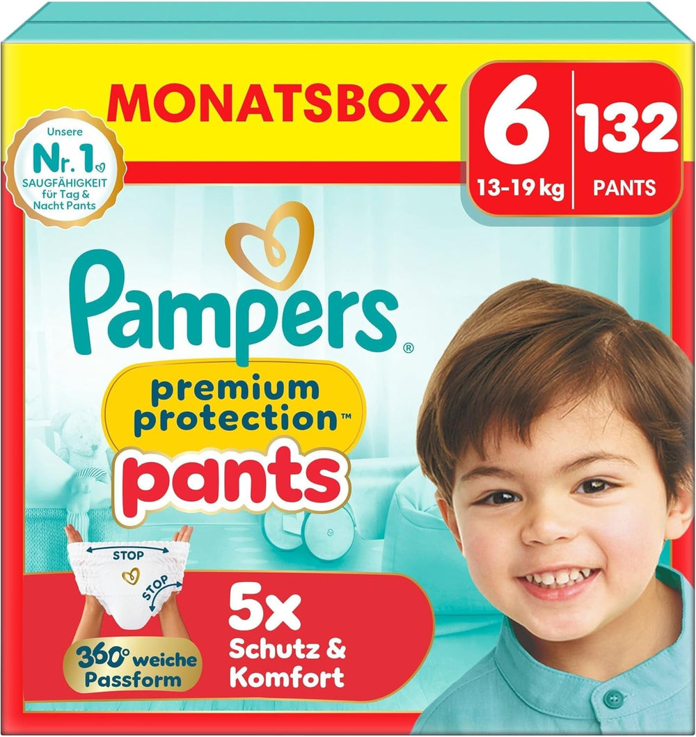 Scutece Pampers Premium Protection Pants mărimea 7, 123 scutece, 15 kg+, cu ajustare la 360° și manșete moi anti-scurgere pentru confort și protecție optime