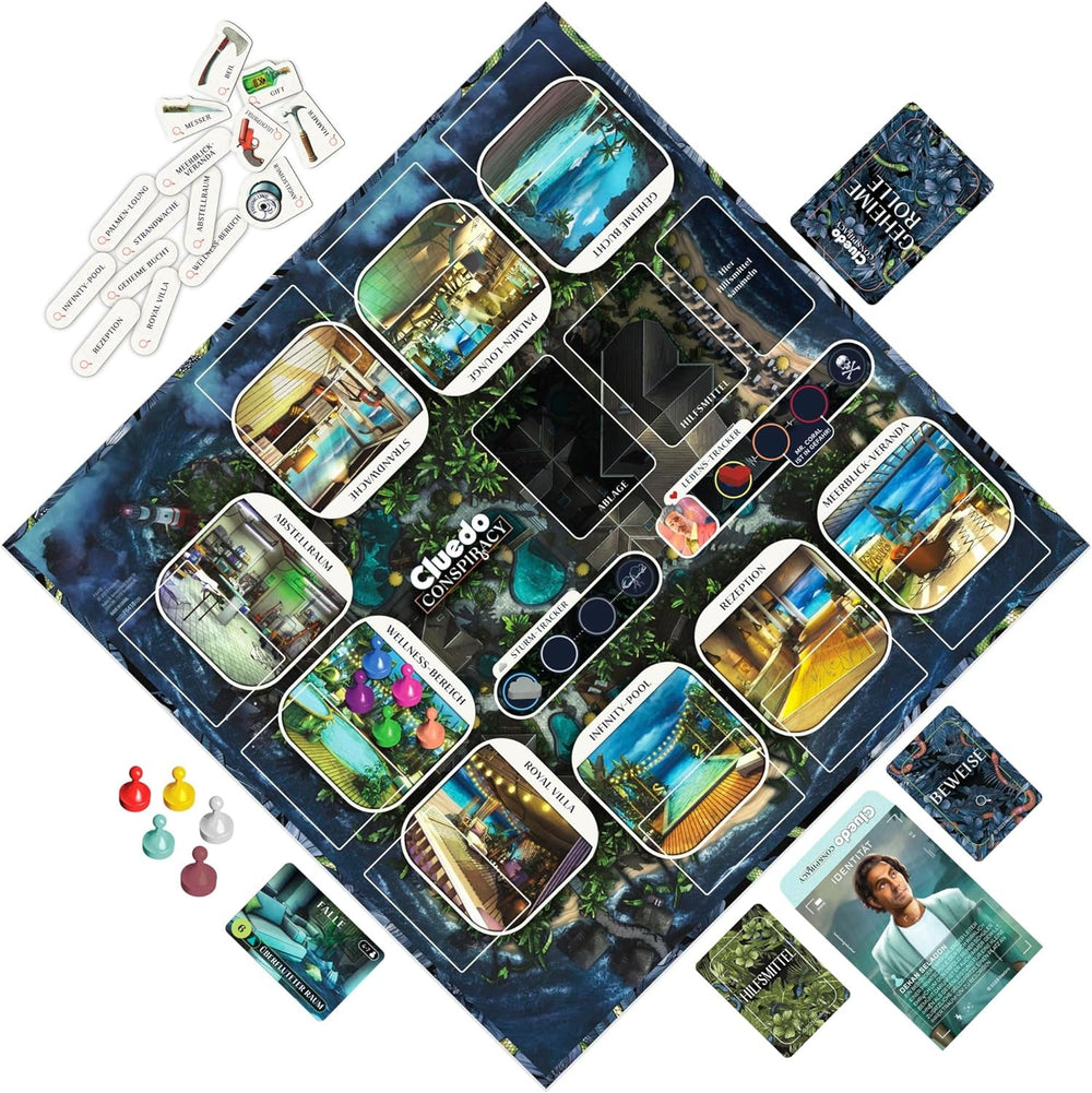 Joc de societate Cluedo Conspiracy de la Hasbro Gaming pentru adulți și adolescenți, versiunea germană a jocului de mister, pentru 4-10 jucători și cu vârsta de 14 ani și peste