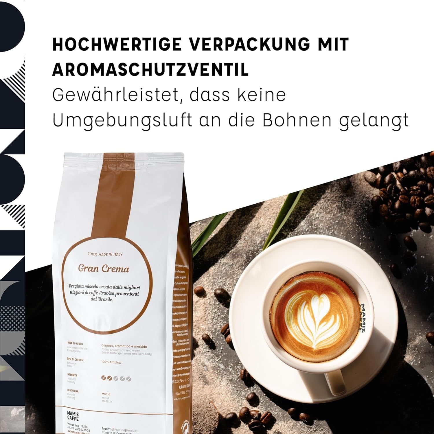 Mamis Caffè Gran Crema, ganze Espressobohnen – 100 % Arabica-Bohnen, fruchtiges Aroma, Schokolade, leicht süßlich, mittlere Röstung und dicke Crema, angebaut in Brasilien und Kolumbien Cafea Naty Shop