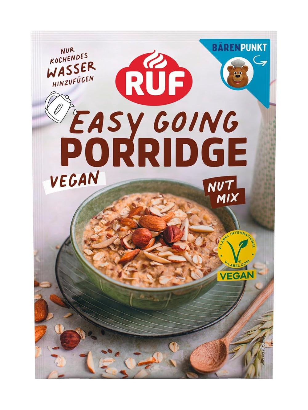 RUF Terci Vegan cu Nuci și Ovăz, fulgi de ovăz cu migdale, alune și semințe de in, preparare ușoară, într-un pachet practic de porții, 1 x 60 g