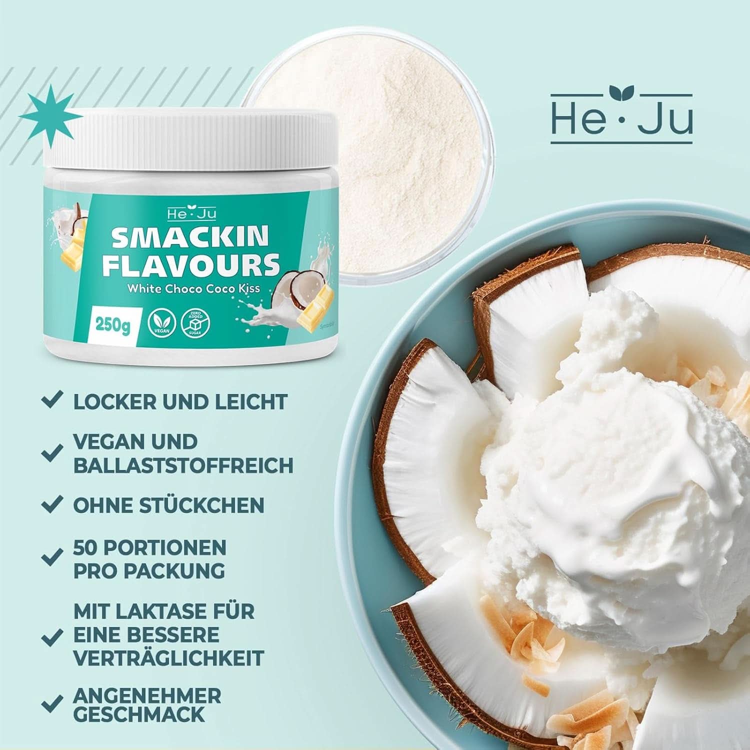 He-Ju, Pudră cu aromă de ciocolată albă și cocos, 250 grame Arome Naty Shop