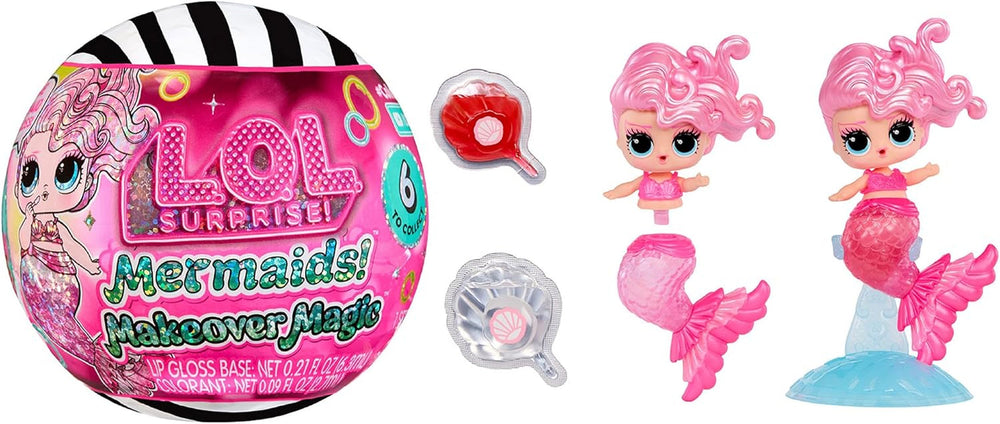 LOL Surprise! Mermaids Makeover Magic Tots – Luciu de buze adevărat pentru tine și păpușa ta, pentru a te crea singur, a amesteca și a crea machiaj, Joc distractiv cu apă, 6 păpuși de colecționat – Vârste 4+