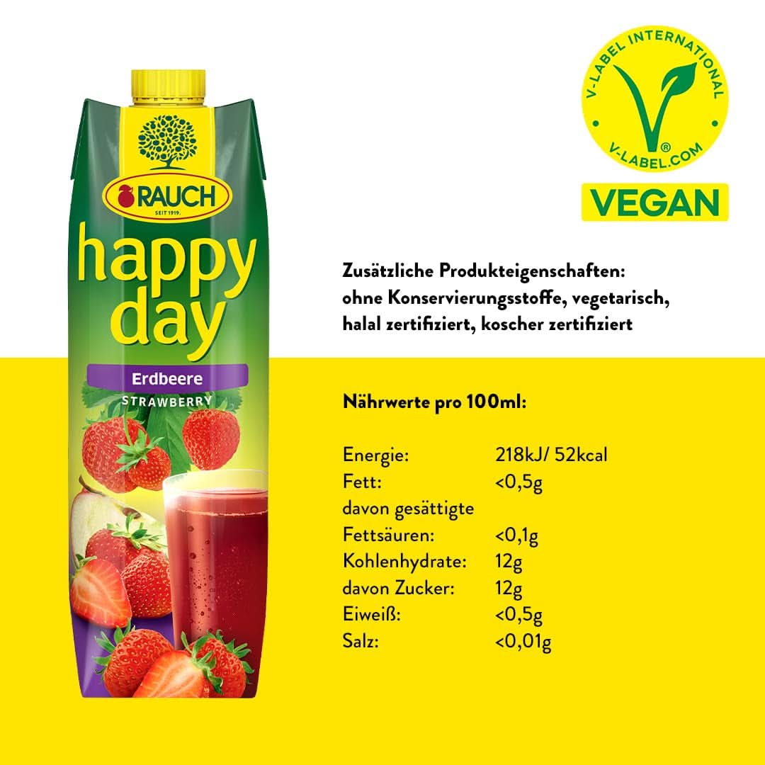 Rauch Happy Day Erdbeere | Intensiver Erdbeergeschmack | Verfeinert mit Äpfeln und Zitrone | 6X 1 Liter, Tetra Prisma Alkoholfreie Getränke Naty Shop