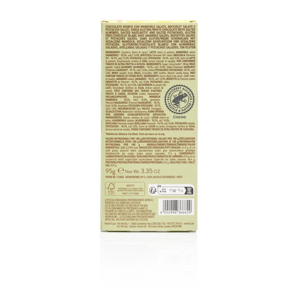 Venchi - Baton cu alune de pădure sărate, cu alune de pădure sărate, migdale și fistic, 95 g, cu „alune de pădure Piemont”, Fără gluten, Fără coloranți artificiali și fără conservanți