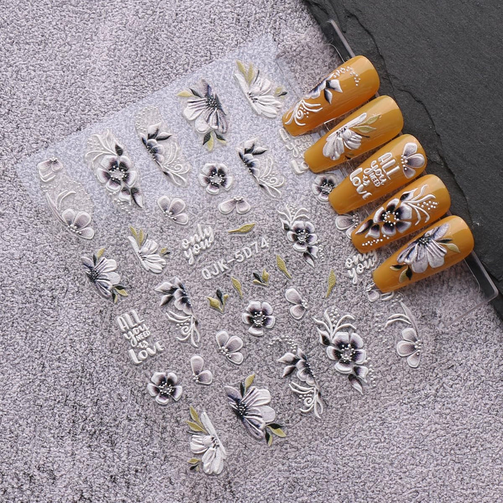 JMEOWIO 6 Blatt 3D Nagelsticker Frühlings Blume Nail Art Sticker Selbstklebend Nagelaufkleber 5D Stereoskopisch Bunte Sommer Blumen Dekoration Nageldesign Zubehör