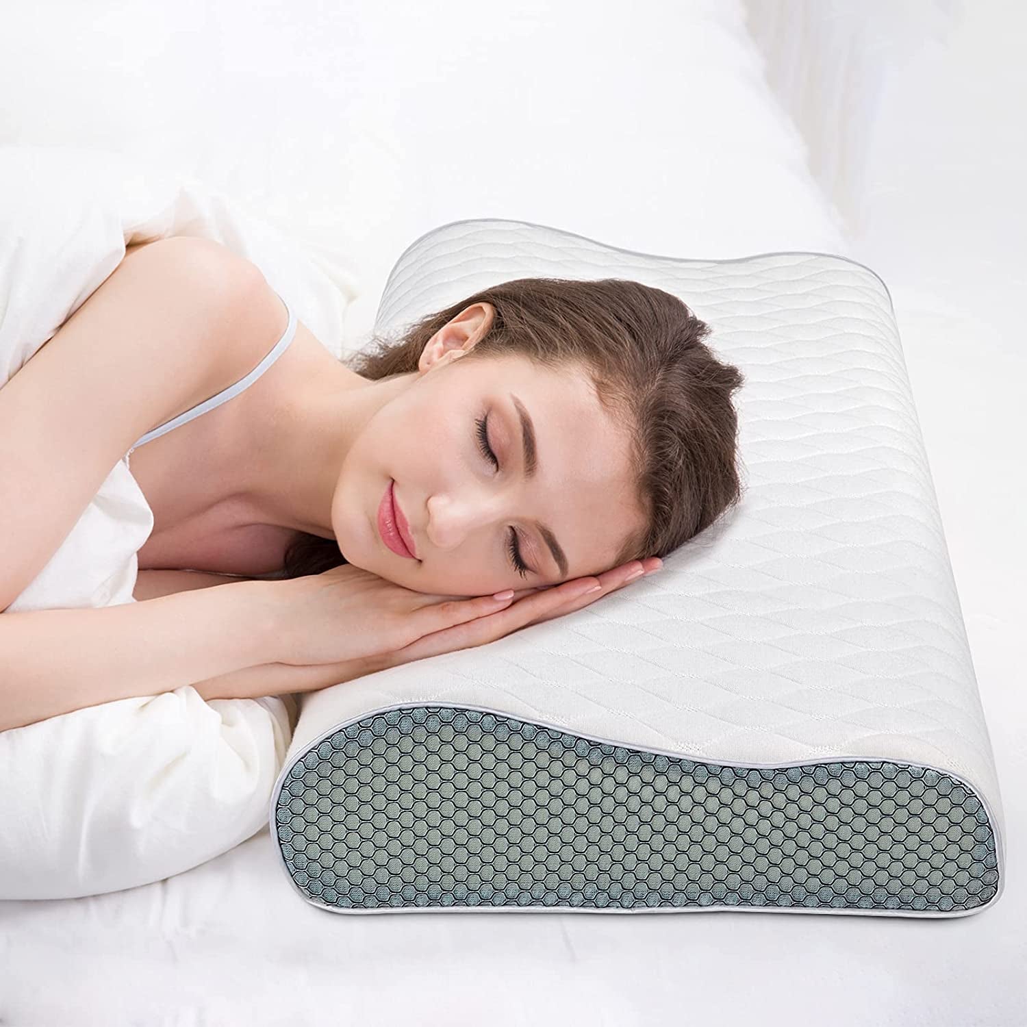 Fityou Pernă din spumă de memorie, pernă de sprijin pentru gât, pernă ergonomică de dormit, pernă de răcire, design cu două fețe, capac de pernă lavabil (67.5X40X13Cm) Perne ortopedice cervicale Naty Shop Alb + plasă 3D 60X35X9/11Cm