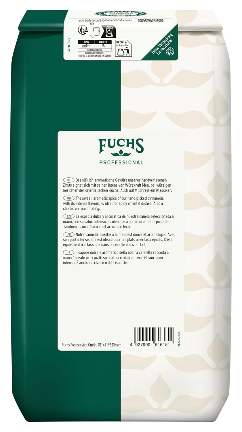 Fuchs Professional - Zimt gemahlen | Zum Würzen von süßen und würzigen Gerichten | Profi-Qualität für Großverbraucher und Gastronomie | 1 kg im recyclebaren Beutel