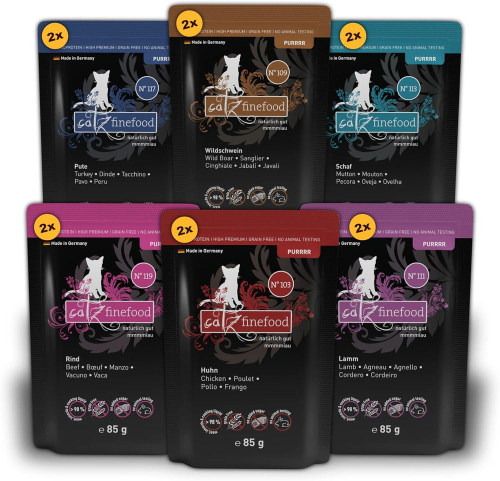 Catz Finefood Purrrr Collection I - Hrană umedă monoproteinică pentru pisici - fără cereale, fără zahăr, hipoalergenică - conținut ridicat de carne - Hrană umedă pentru pisici multipack - în pliculețe, 85 g (12 pachete)