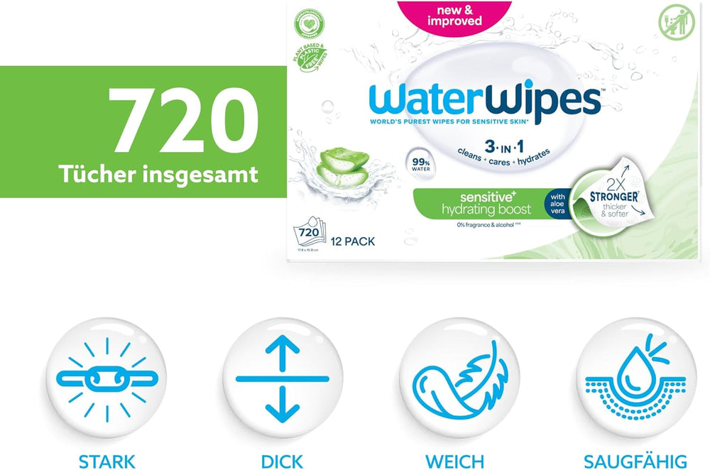 Șervețele umede WaterWipes Sensitive+ Hydrating Boost, șervețele hidratante, 720 bucăți (12 pachete), 3 în 1 curăță, îngrijește, hidratează, 99% apă cu aloe vera, șervețele umede fără parfum pentru bebeluși
