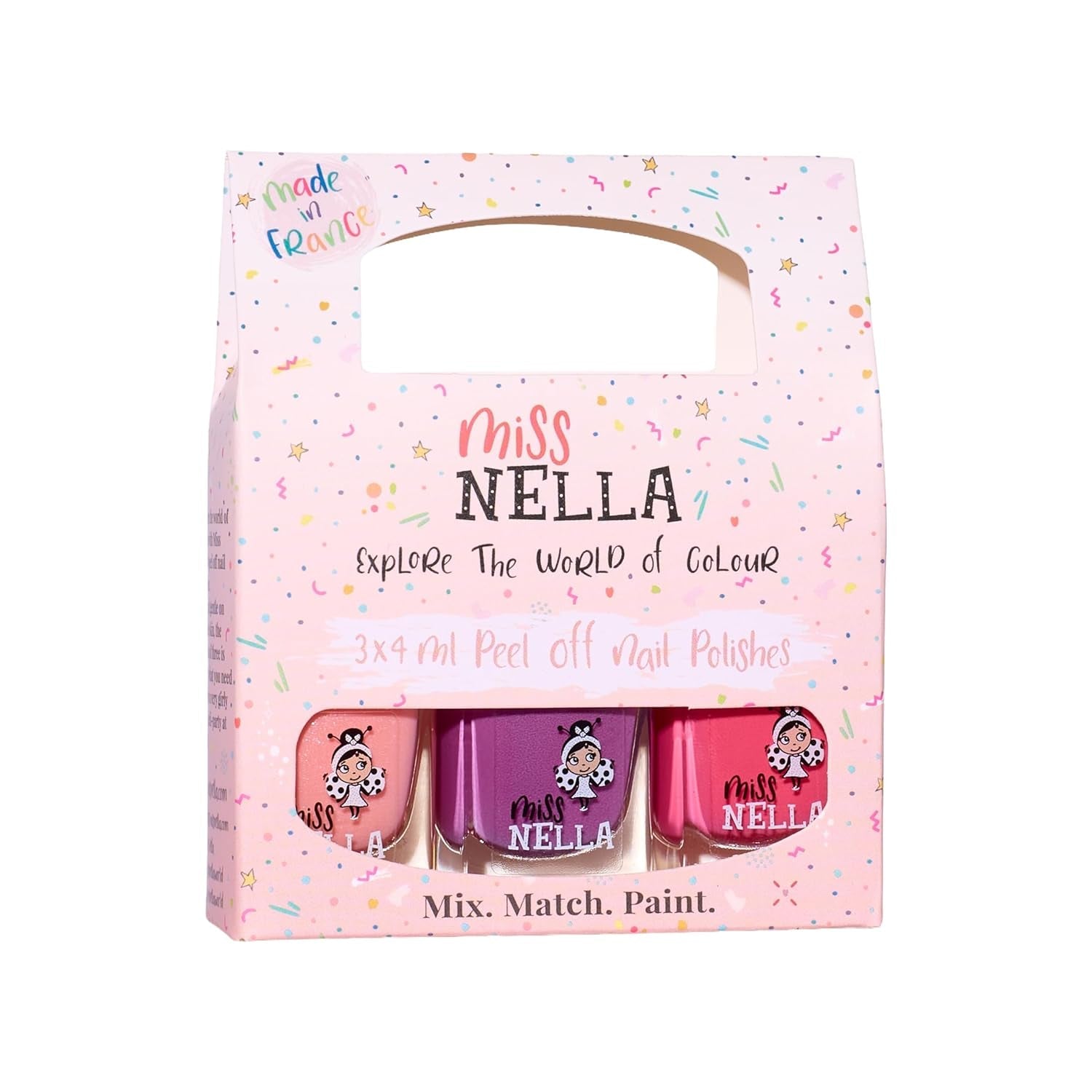Set de ojă cu sclipici Miss Nella Magic Collection, 4 piese: roz, roșu, auriu și albastru, ojă detașabilă specială pentru copii, non-toxică, pe bază de apă și inodoră