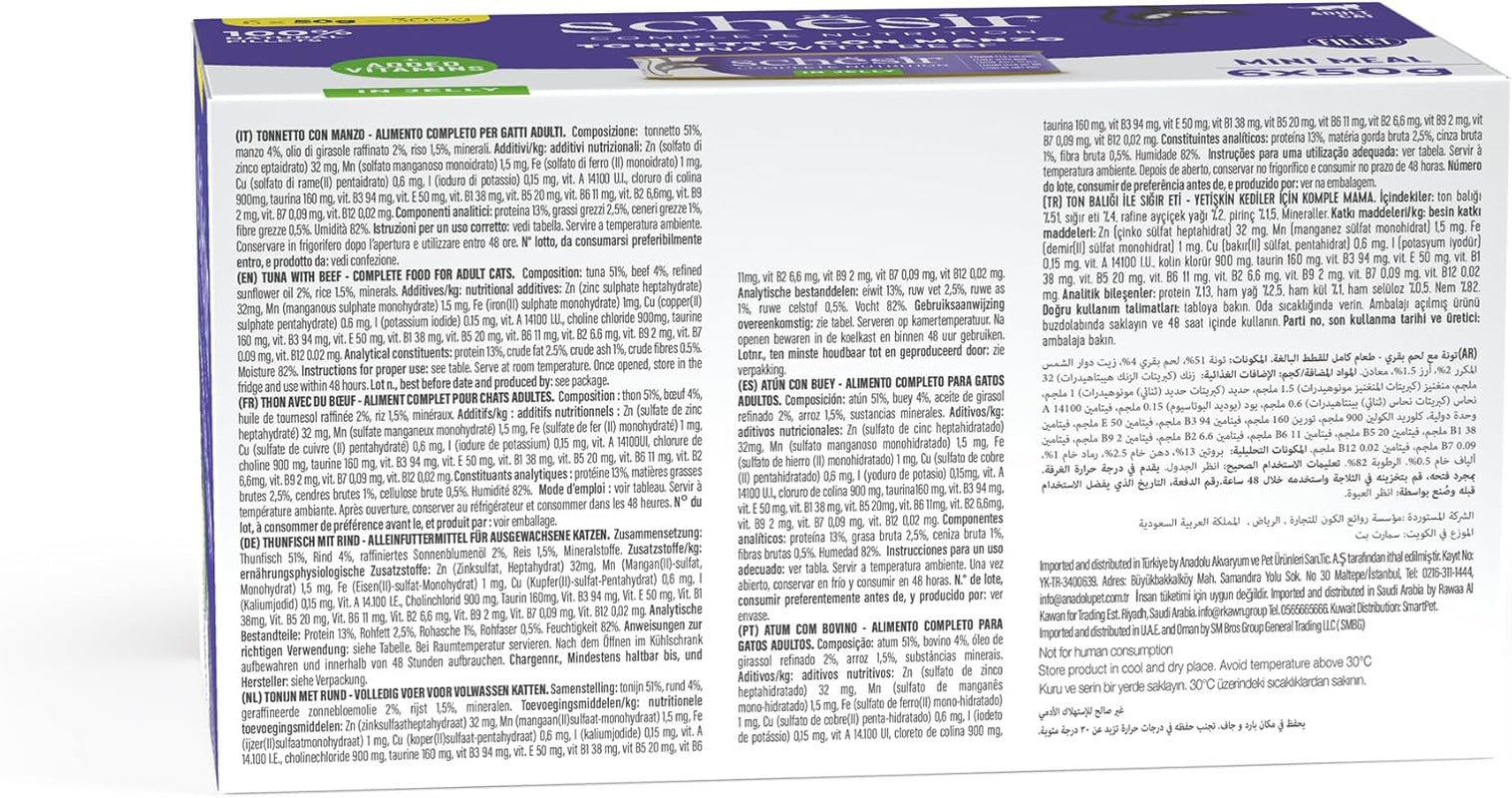 Jeleu pentru pisici cu ton și vită, hrană umedă pentru pisici în jeleu, 8 x 6 conserve x 50 g