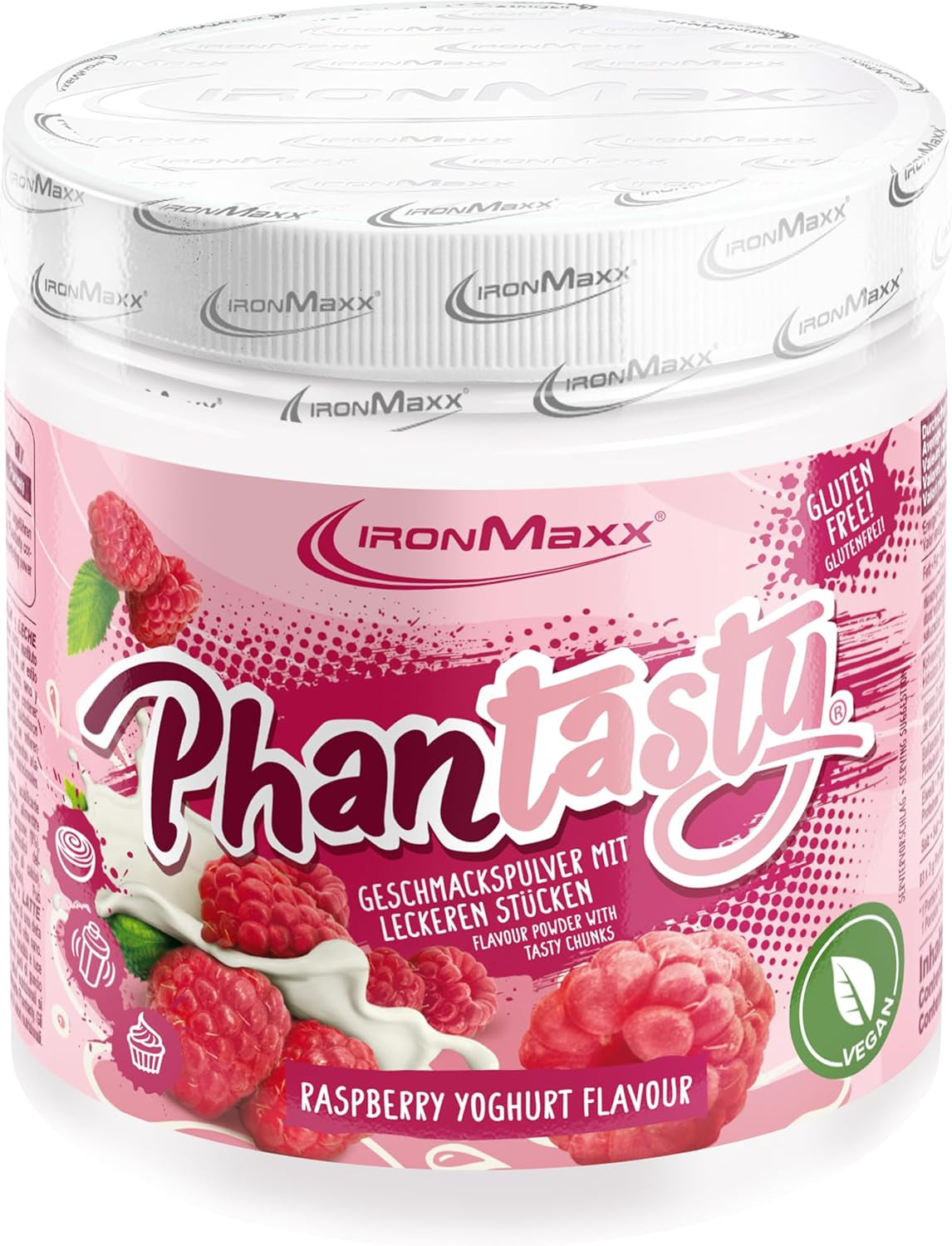 Ironmaxx Phantasty - Cremiger Pfirsich 250G Dosis | Veganes Geschmackspulver mit echten Frucht- oder Nussstückchen | Perfekter Zuckerersatz Süßstoffe Naty Shop 250 G (1Er Pack) Himbeerjoghurt