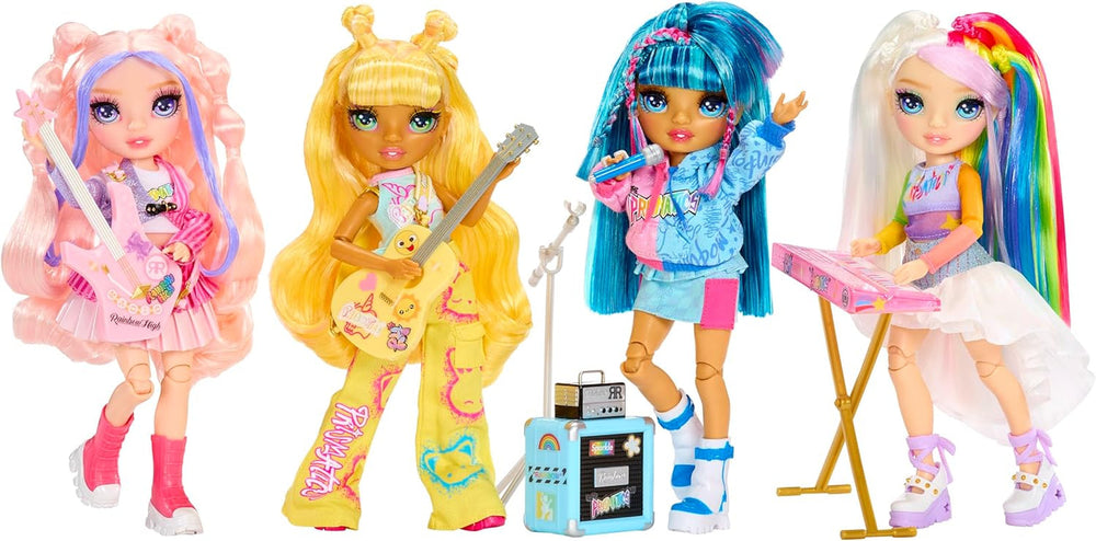 Rainbow High Junior High Rock Band - Bella, Pink - 23 cm Modepuppe mit Bassgitarre, Individuell mit Aufklebern Gestaltbar, Beweglich, Süßes Spielzeug für Kinder ab 4 Jahren