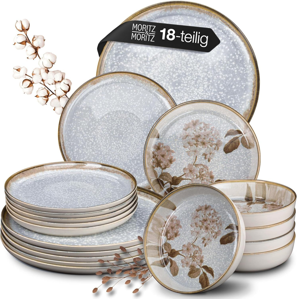 Set de veselă din porțelan Moritz & Moritz BLOSSOM pentru 6 persoane, 18 piese - Veselă modernă cu design jucăuș - Serviciu de cafea ușor de întreținut cu farfurii și boluri - Serviciu combinat