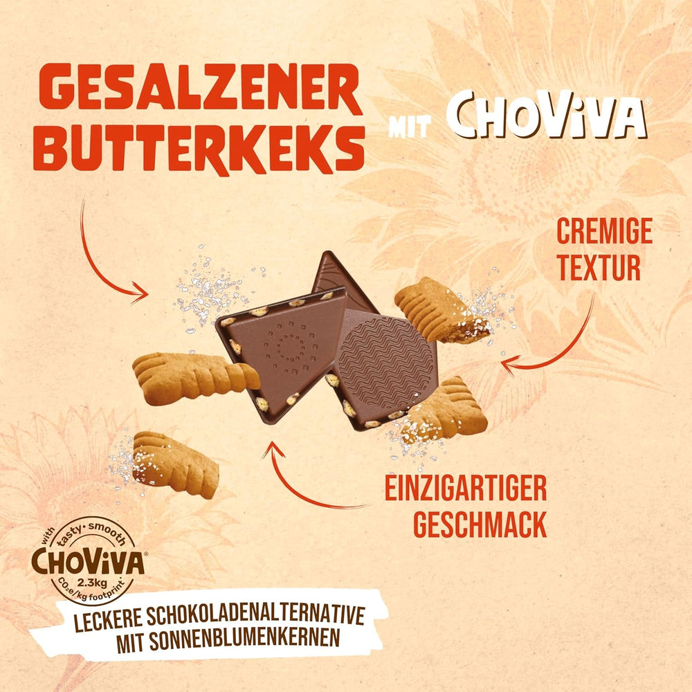 Biscuite cu unt sărat și ChoViva, baton de 80g, făcute din alternativă la ciocolată cu semințe de floarea-soarelui
