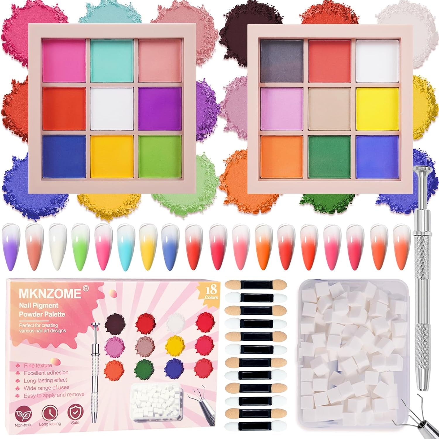 9 Farben Pigment Für Nägel, Nagelpulver Nail Powder 100 Stück Nail Art Schwamm Mit Metallgreifer, Ombre Glitzerpulver Nagelpuder Nailart Nagel Deko Für DIY Nageldesign, B