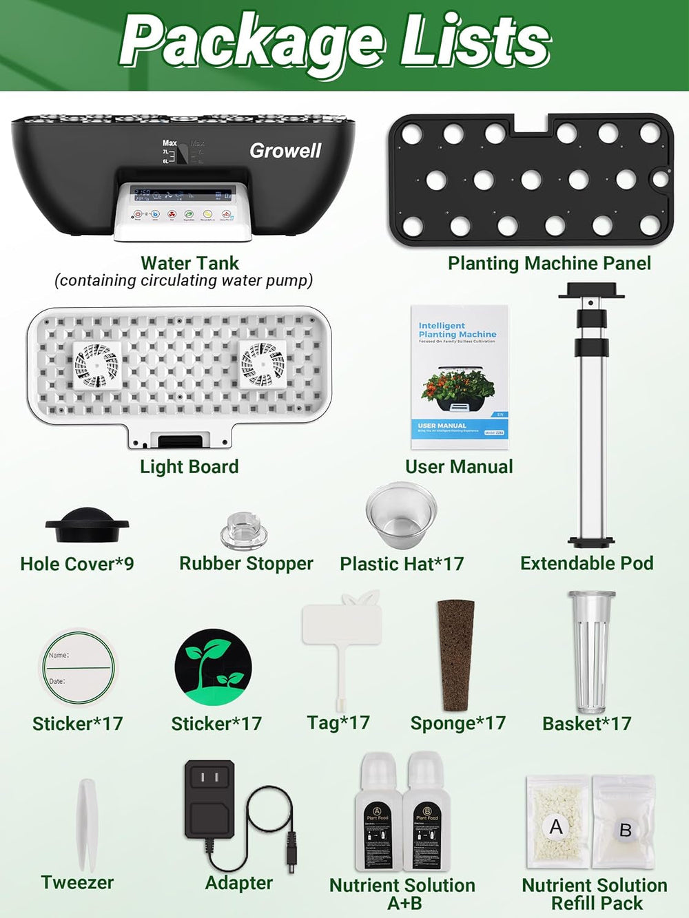 Kit hidroponică cu 17 capsule pentru grădină de plante aromatice, cu 102 lămpi de creștere cu spectru complet de 28W și 2 ventilatoare, grădină interioară cu pompă de apă, rezervor