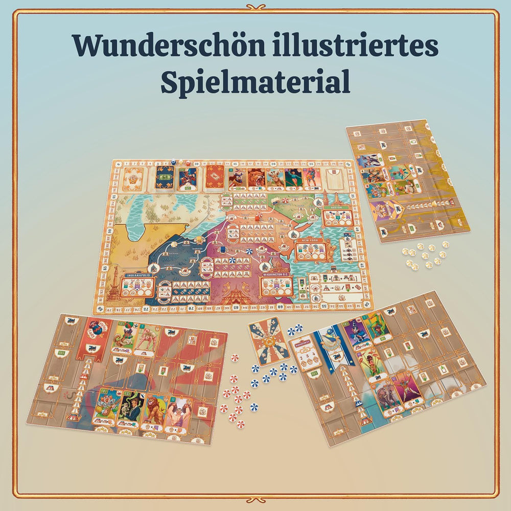 KOSMOS 684648 3-Ring Circus Erwachsenen-Brettspiel, 12+, Strategiespiel, 1–4 Spieler, Gesellschaftsspiel, USA, reisender Zirkus, spätes 19. Jahrhundert